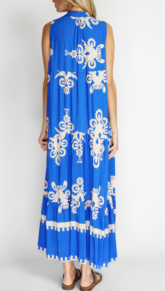 Blue & White Sleeveless Long Dress | Made in ITALY