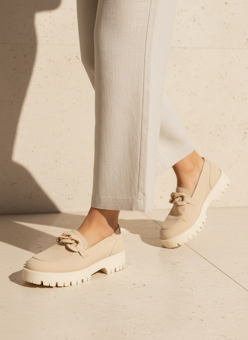 Madison Chunky Chain Lug Sole Loafers in Light Taupe