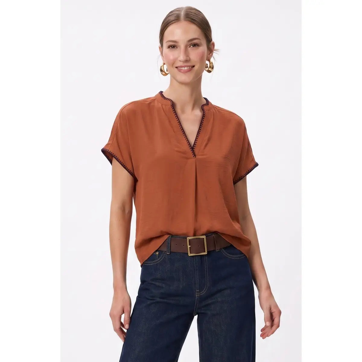 Whipstitch Drop Shoulder Blouse