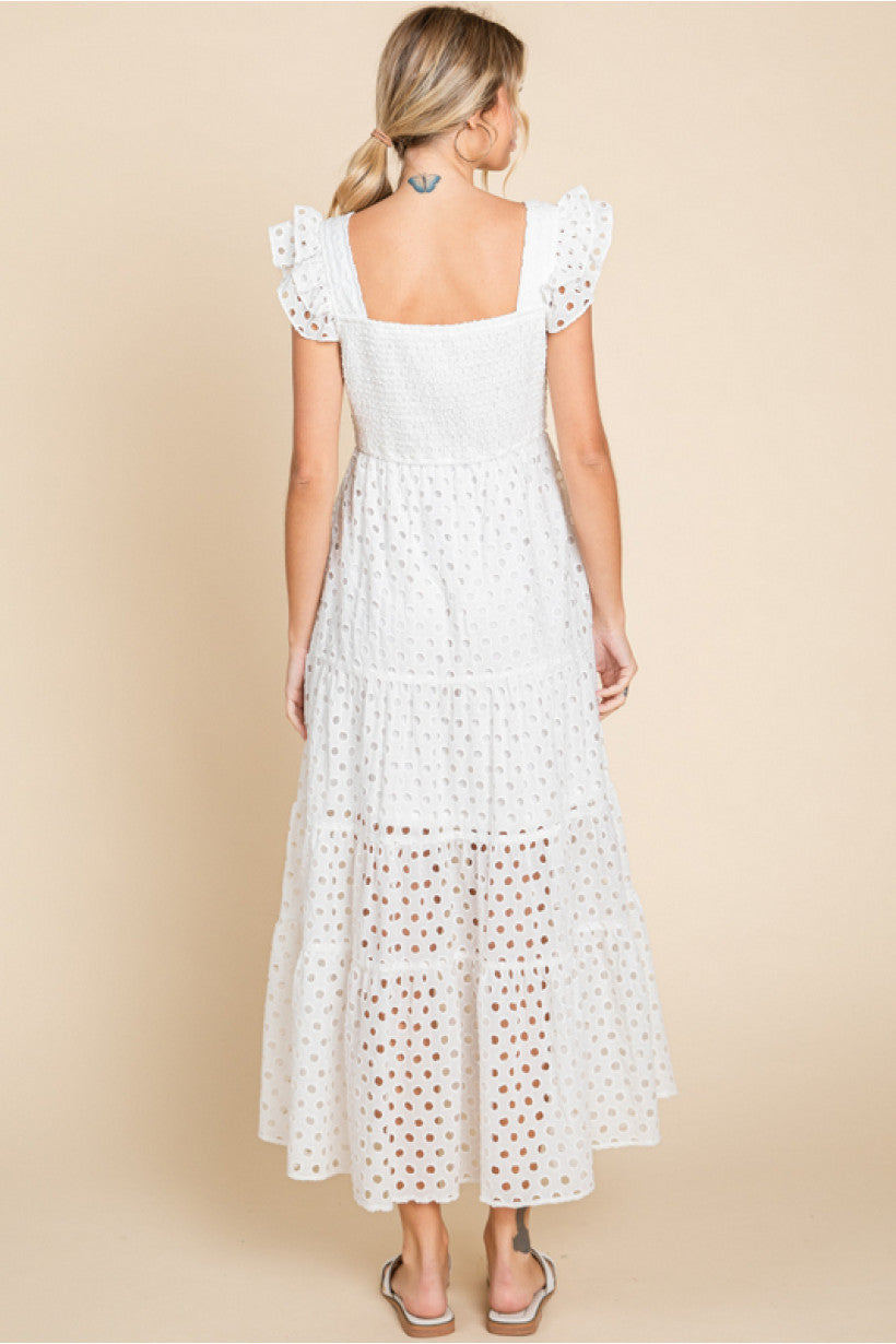 White Solid Eyelet Maxi Dress