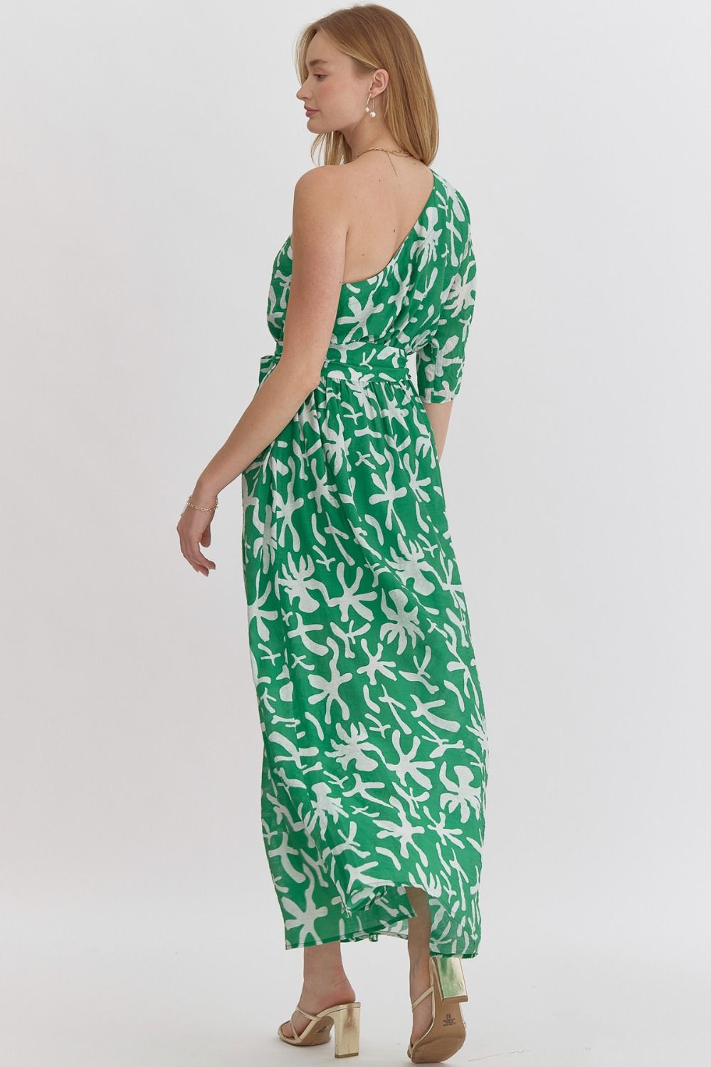 Green Printed One Shoulder Midi Dress