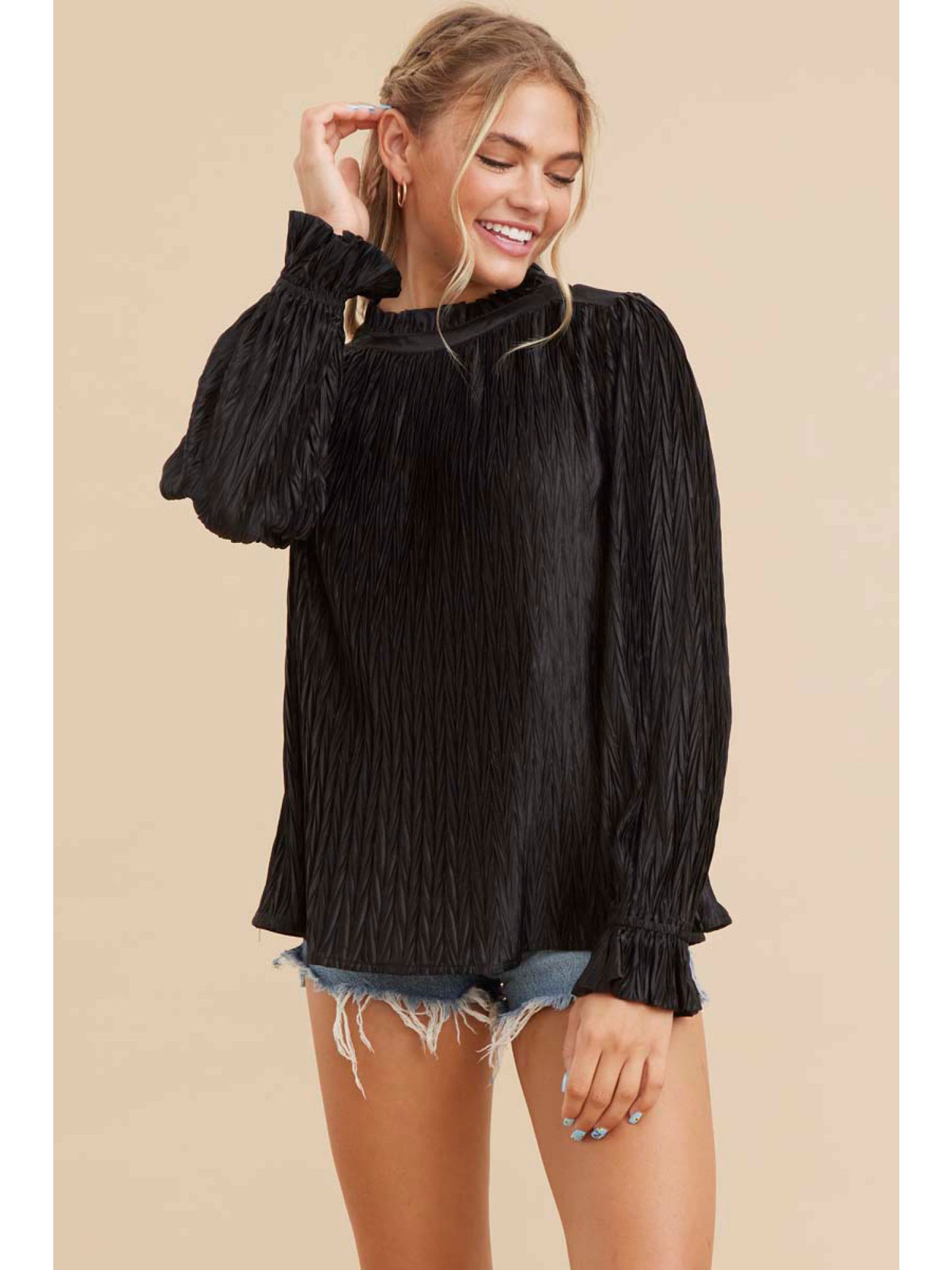 Black Textured High Neck Top