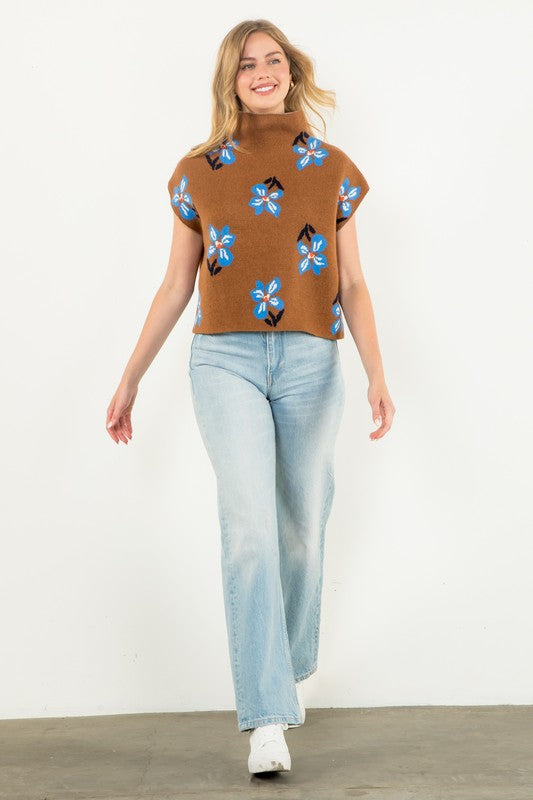 Brown & Blue Flower Knit Top