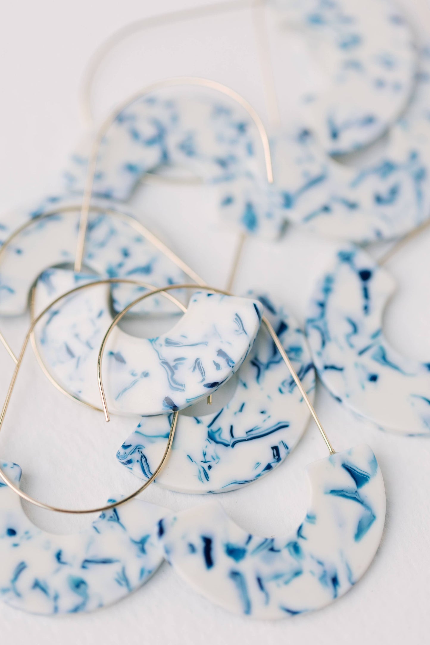 Blue and White Marble Threader Minimalist Statement Earrings
