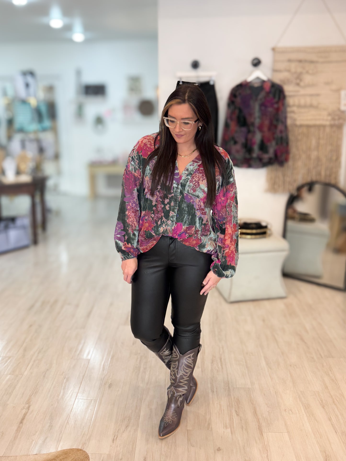 Velvet Mix Button Up Blouse