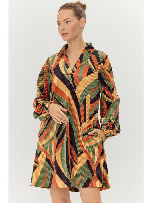 Pleated Print Dress With Open Collar & Pockets