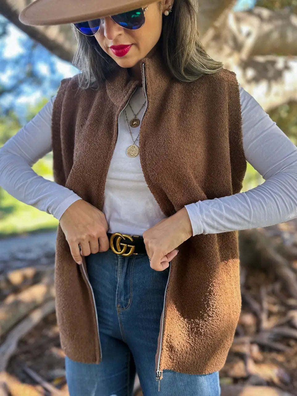 Mocha Oversized Lightweight Zip-Up Knit Pocket Vest