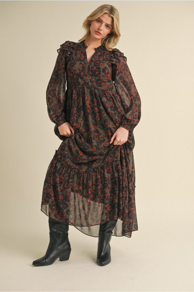 Olive Floral Chiffon Maxi Dress