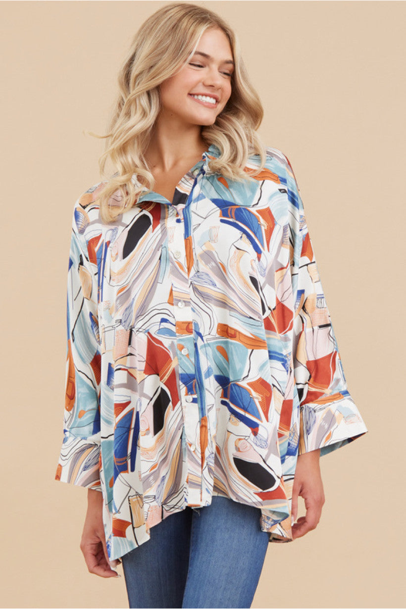 Satin Abstract Frilled Neck Top