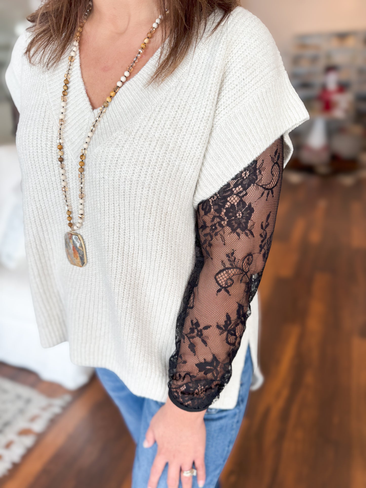 Sand Beige Short Sleeve V-Neck Sweater