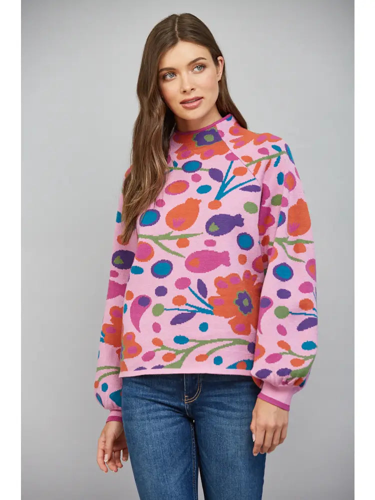 Bold Floral Pattern Funnel Neckline Sweater