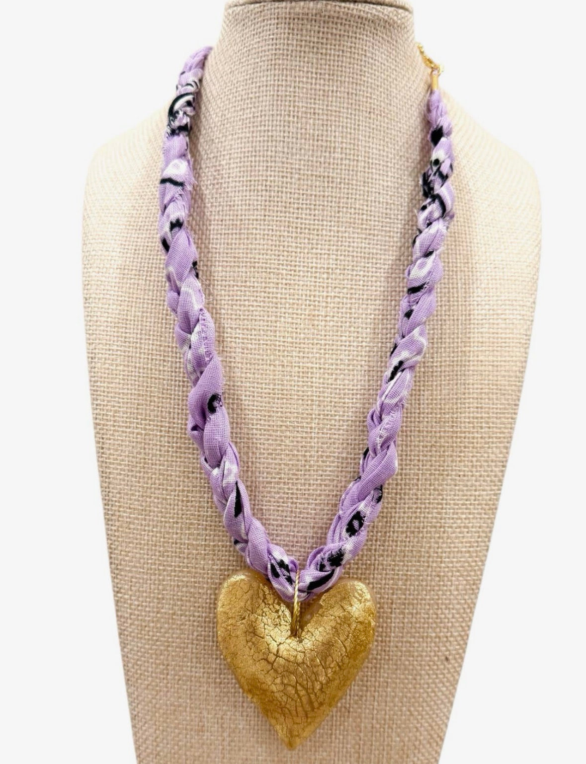 Chunky Gold Leaf Heart and Purple Bandana Necklace