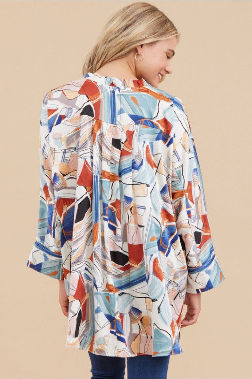 Satin Abstract Frilled Neck Top