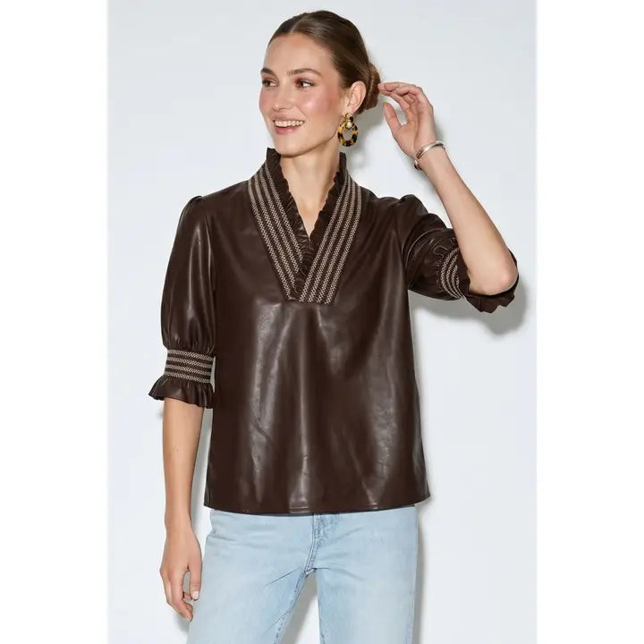 Chocolate Smocking Ruffle Vegan Leather Blouse