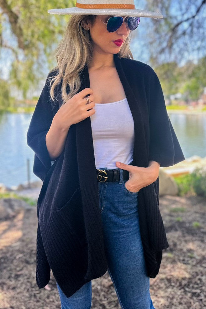 Black Boho Open Front Knit Pocket Ruana Cardigan
