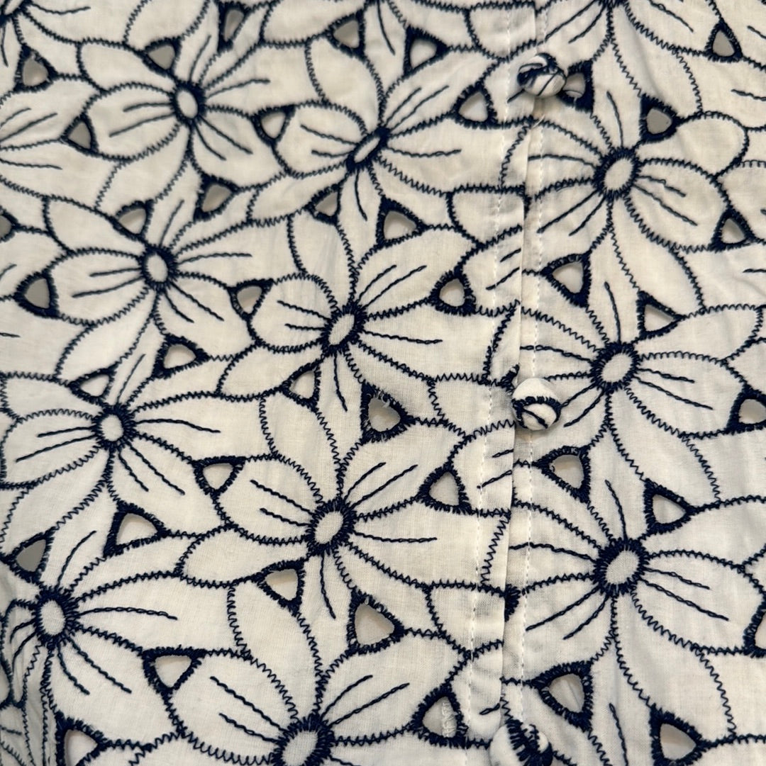 Blue & White Embroidered Eyelet Flutter Sleeve Top