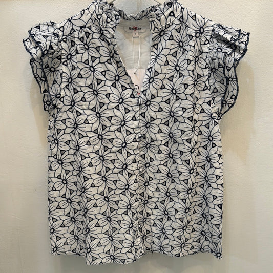 Blue & White Embroidered Eyelet Flutter Sleeve Top