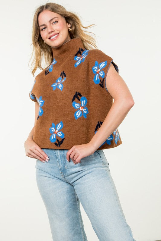 Brown & Blue Flower Knit Top