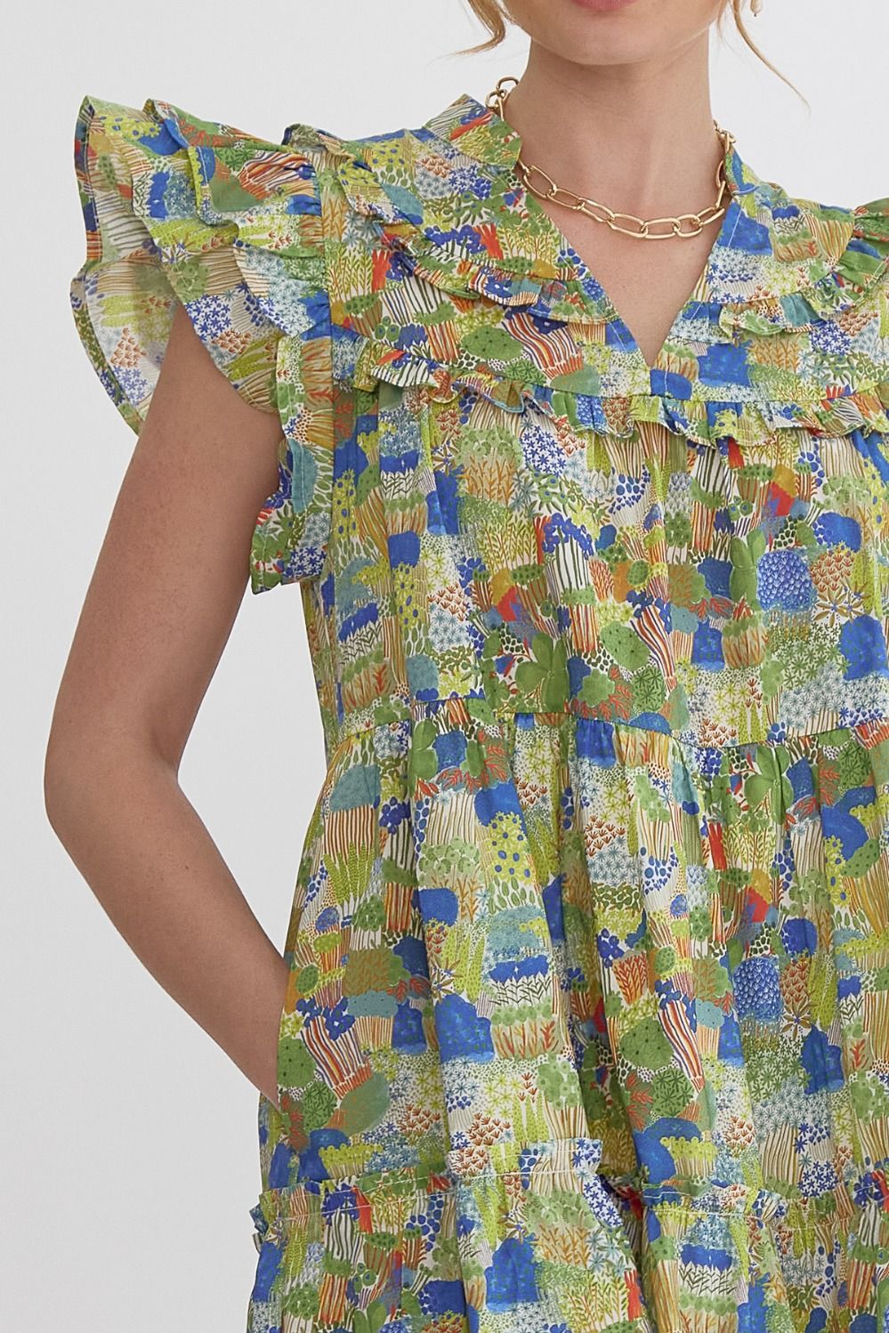 Green and Blue Pops Ruffle Sleeve Dress