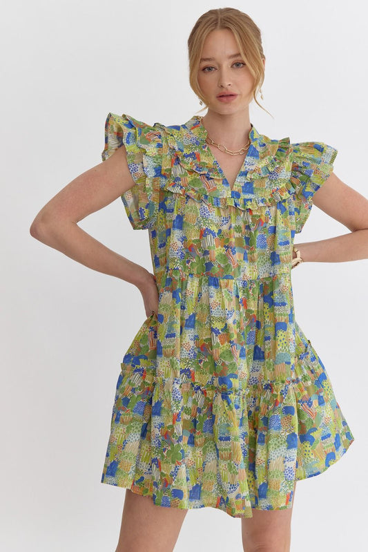 Green and Blue Pops Ruffle Sleeve Dress