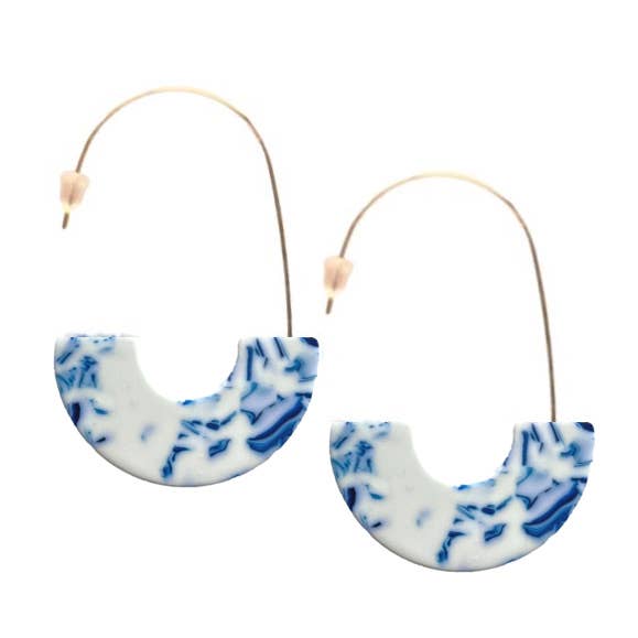 Blue and White Marble Threader Minimalist Statement Earrings
