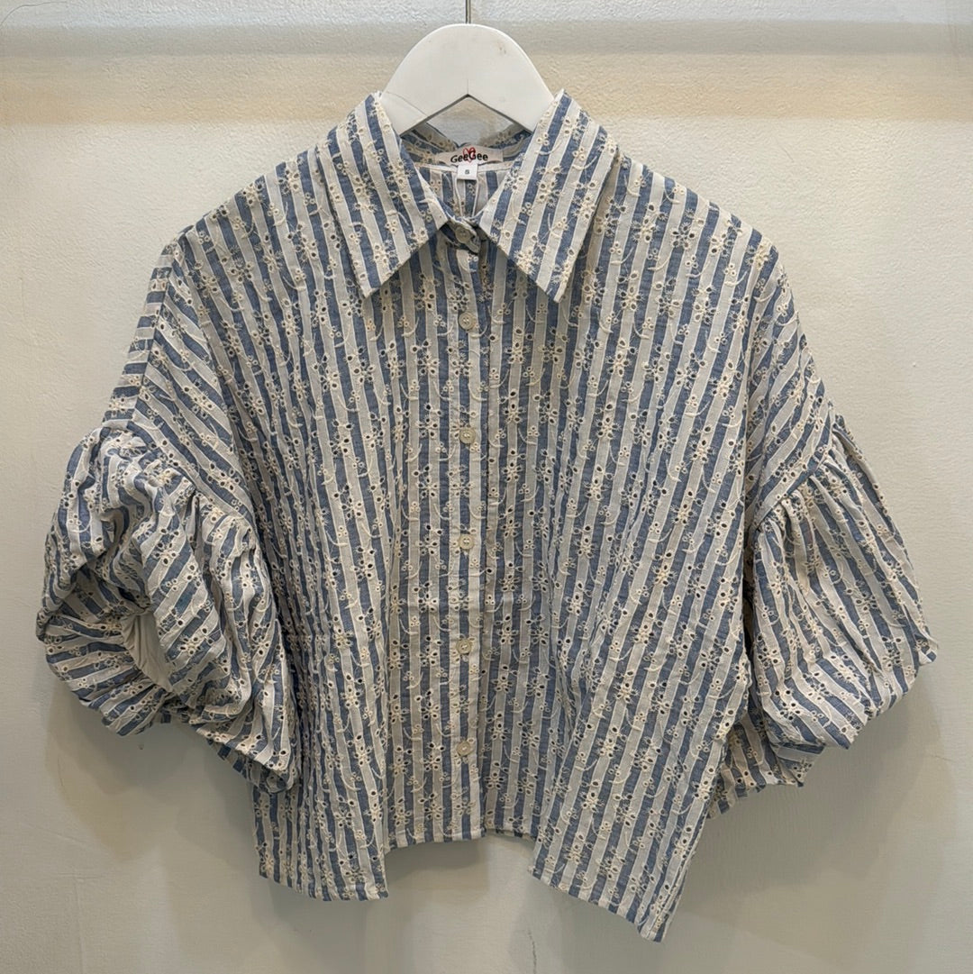 Vintage Blue Striped Eyelet Top