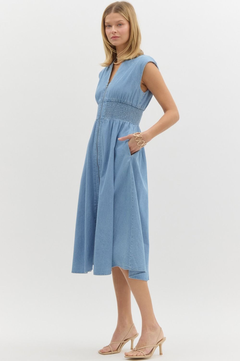 Denim Smocked Waist Midi Dress