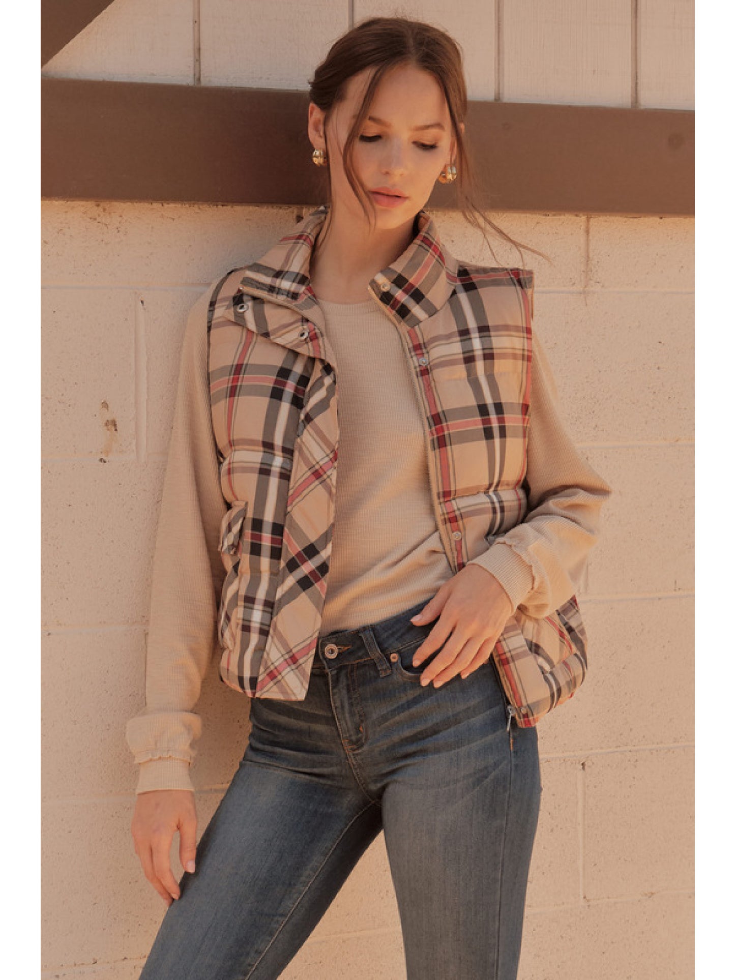 Plaid Padded High Collar Vest