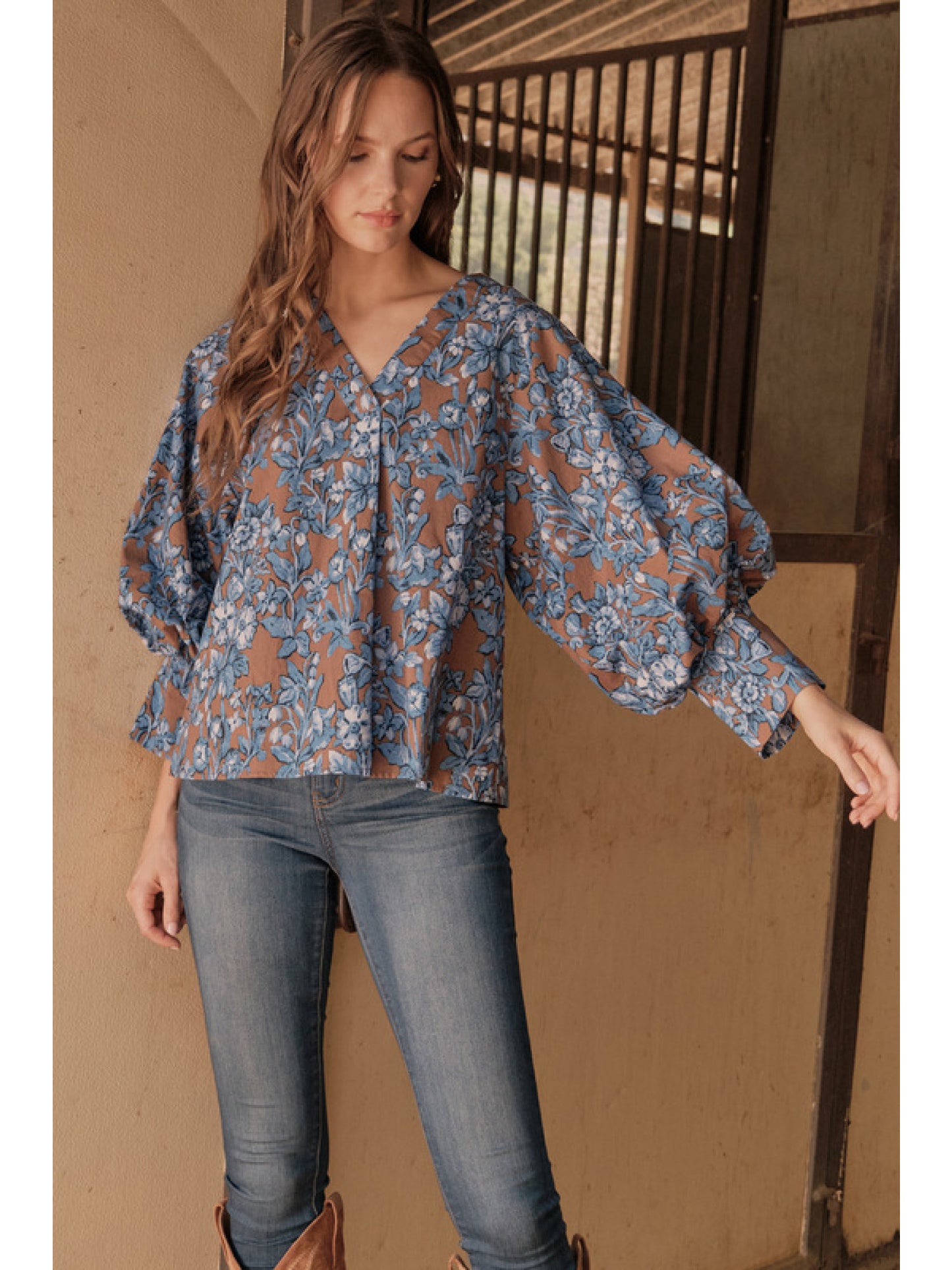 Blue + Mocha Puff Sleeve Blouse