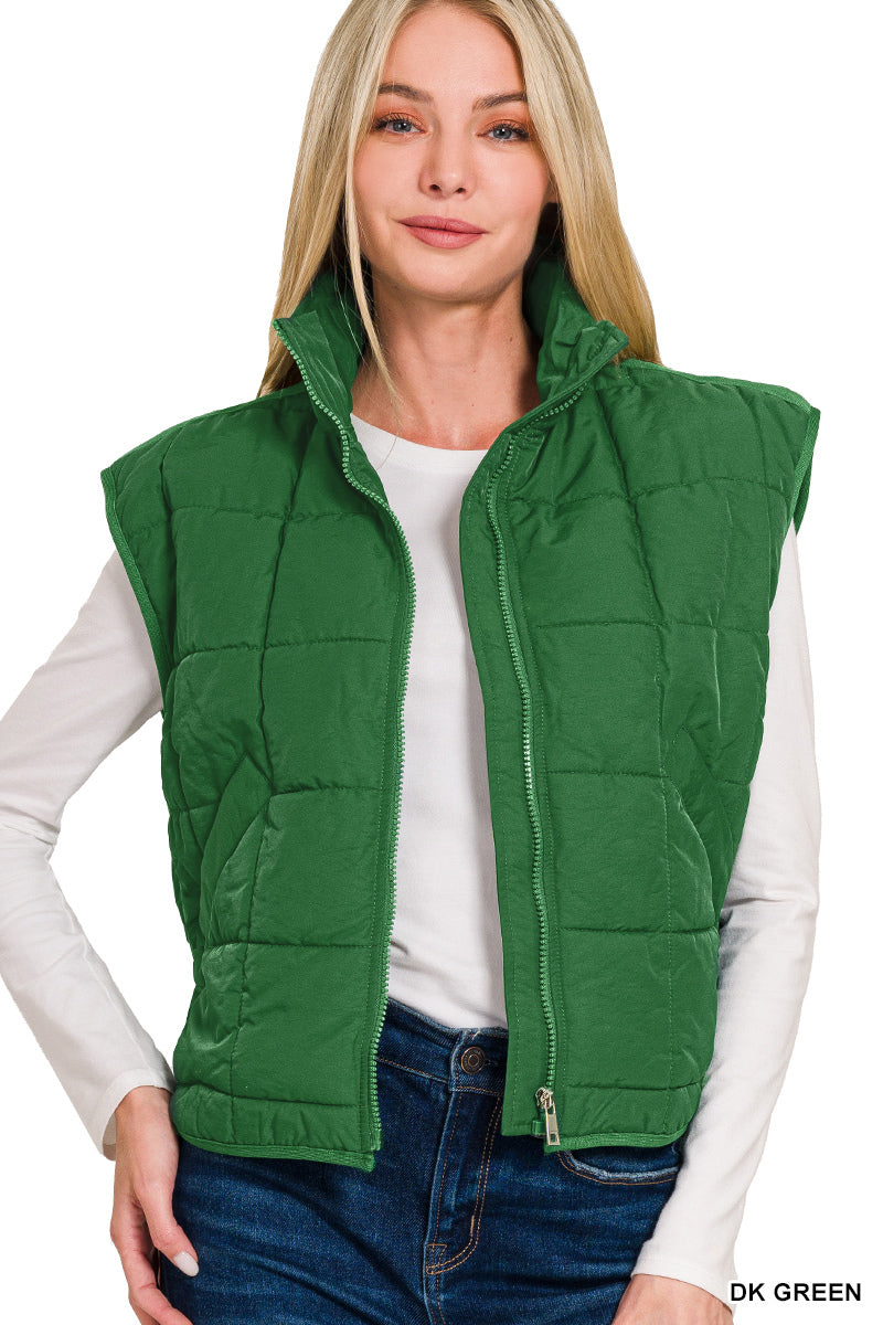 Green High Neck Puffer Vest