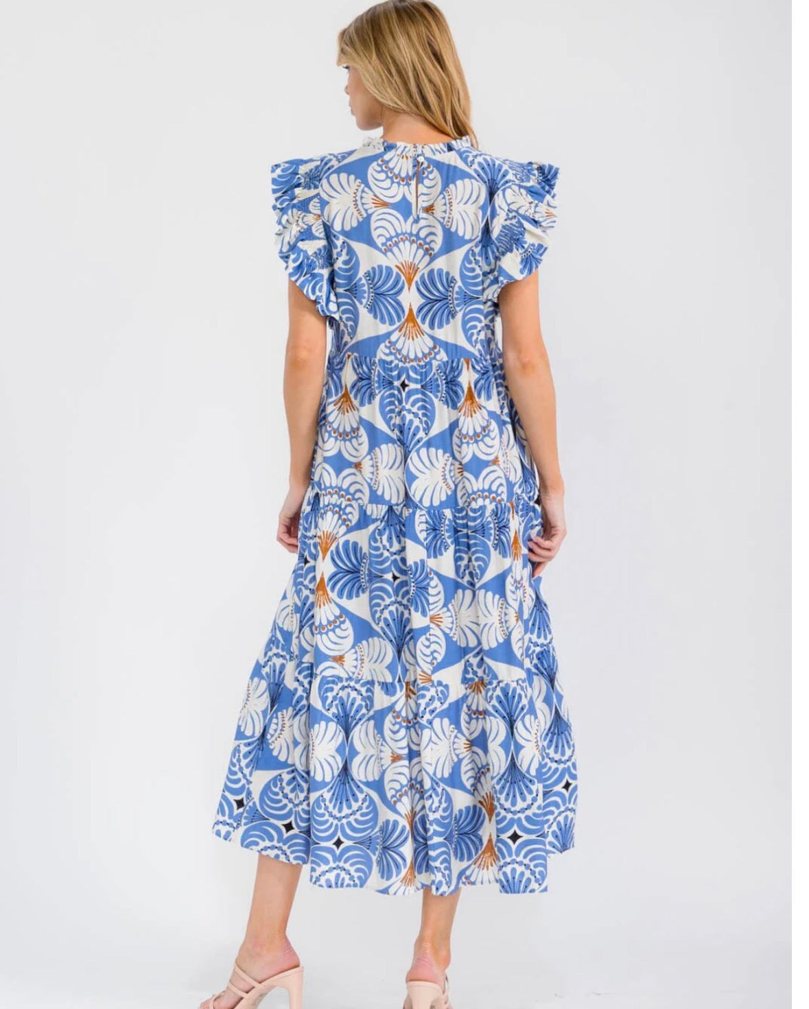 Ruffle Sleeve Blue & Brown Midi Dress