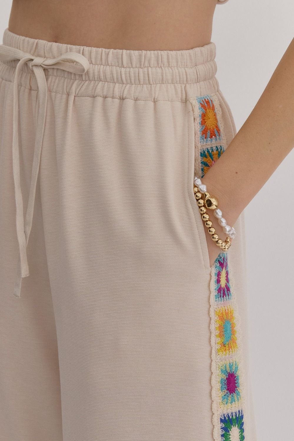 Embroidered Ribbed Drawstring Pants