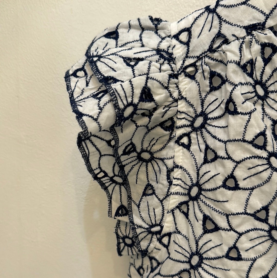 Blue & White Embroidered Eyelet Flutter Sleeve Top