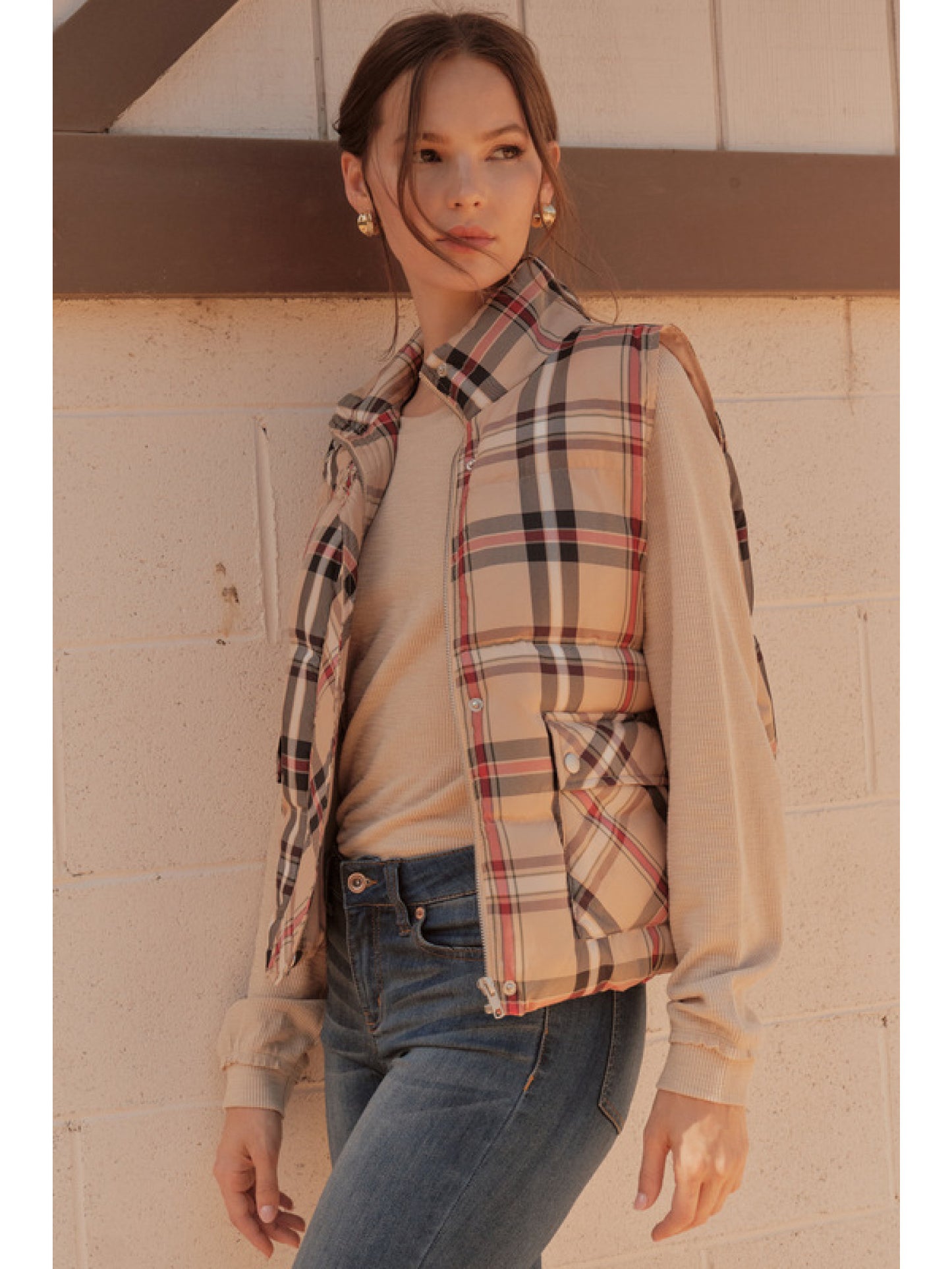 Plaid Padded High Collar Vest