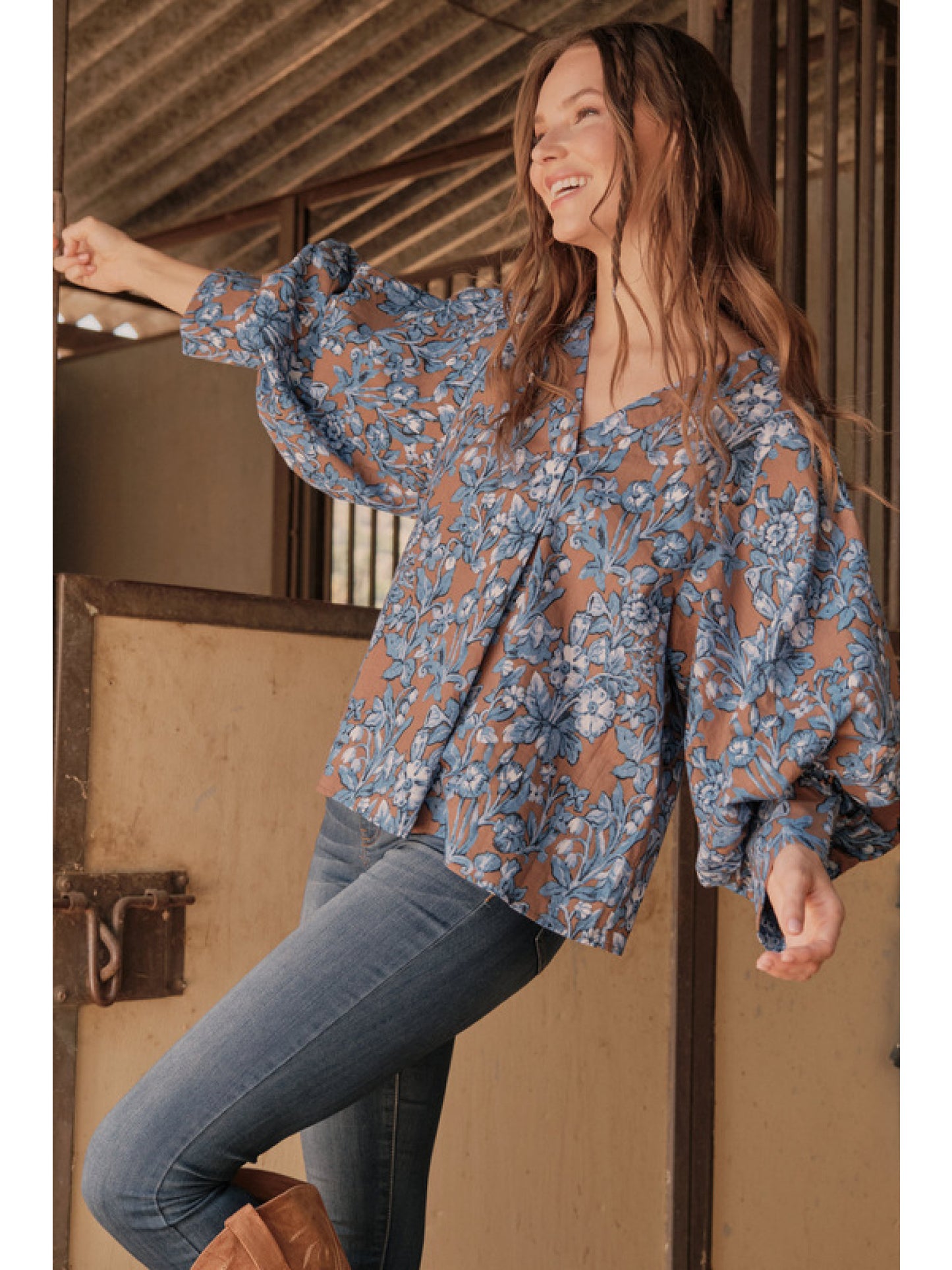 Blue + Mocha Puff Sleeve Blouse