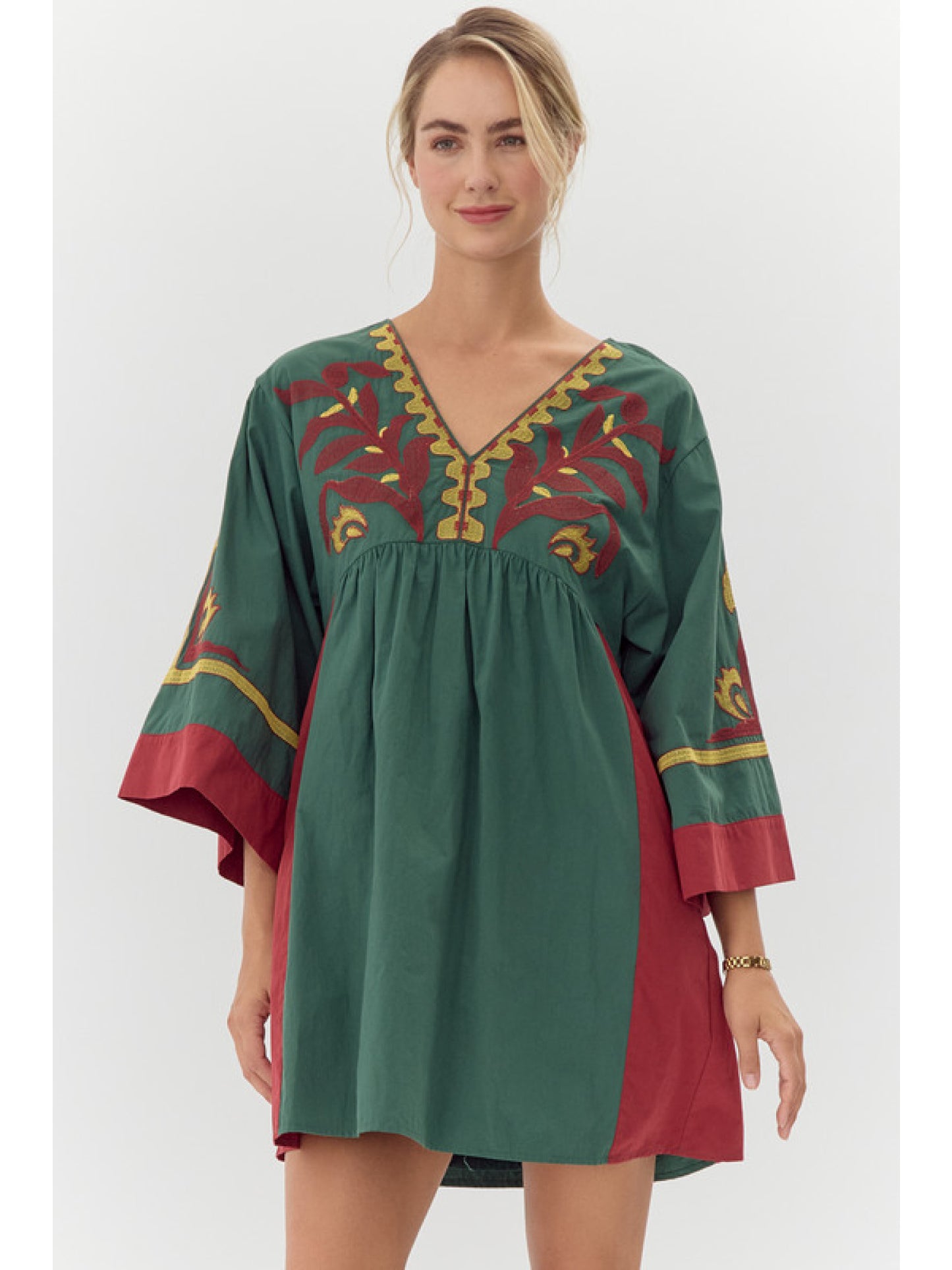 Hunter Green Embroidered Baby Doll Dress