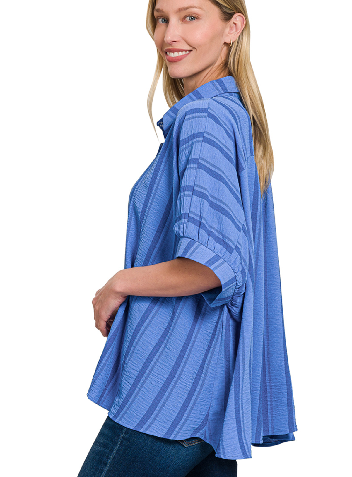 Woven Oversized Ocean Blue Button Down Shirt