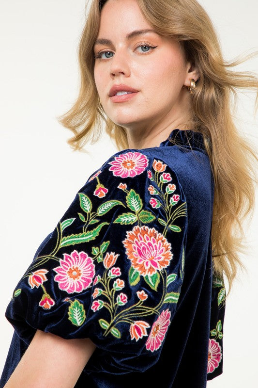 Embroidered Puff Sleeve Velvet Top (back neck button damaged)