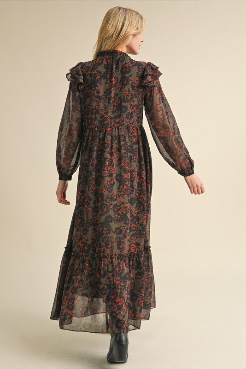 Olive Floral Chiffon Maxi Dress