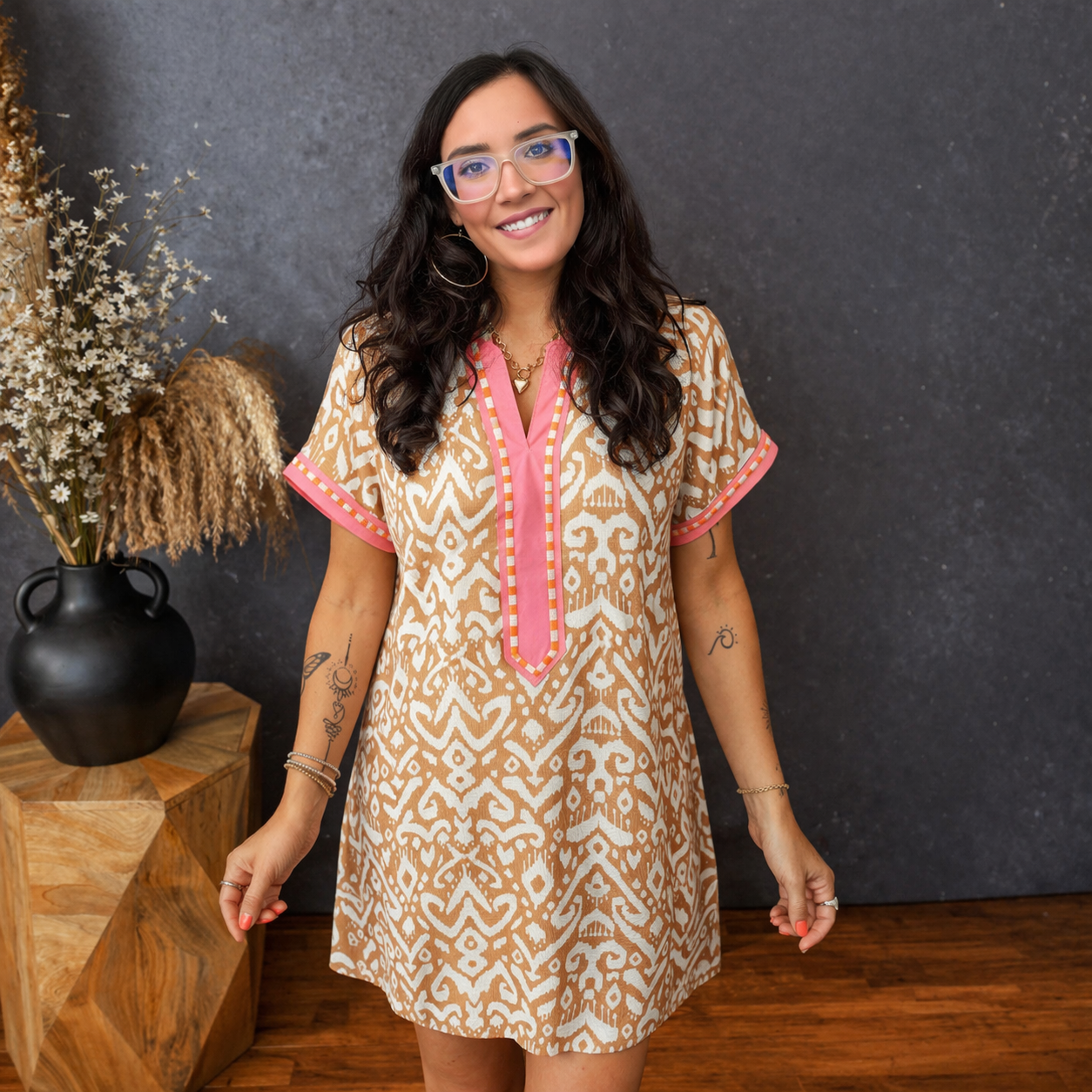 Khaki Western Print Dress