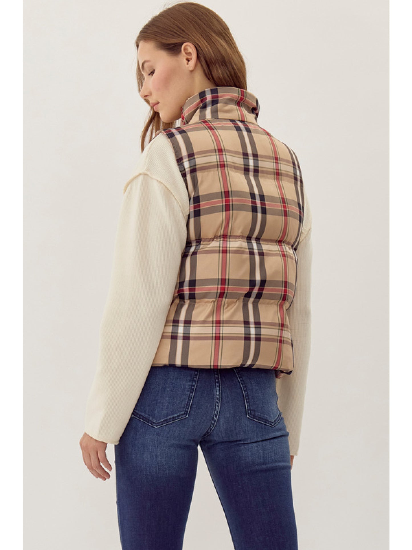Plaid Padded High Collar Vest