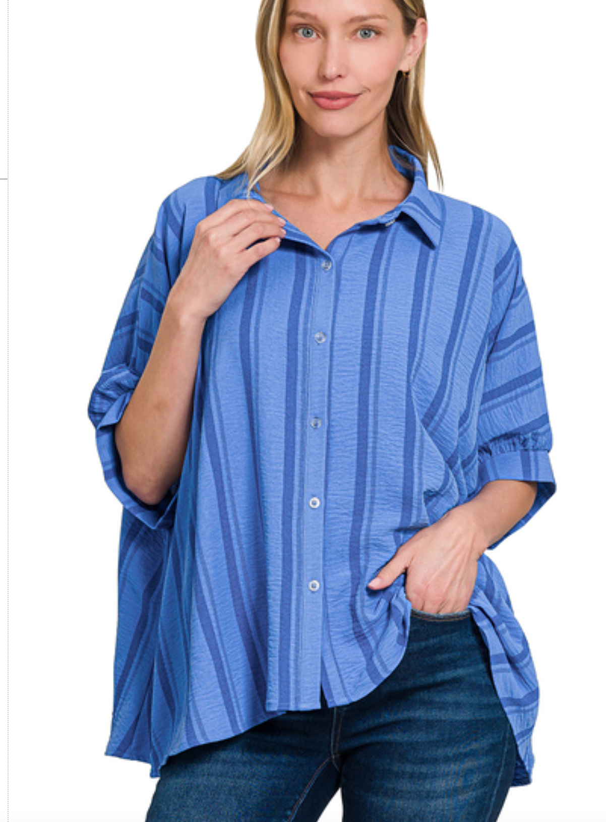 Woven Oversized Ocean Blue Button Down Shirt