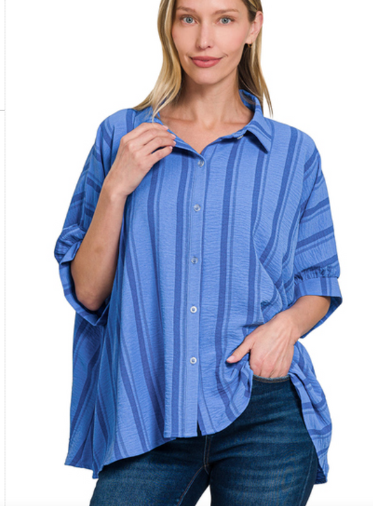 Woven Oversized Ocean Blue Button Down Shirt