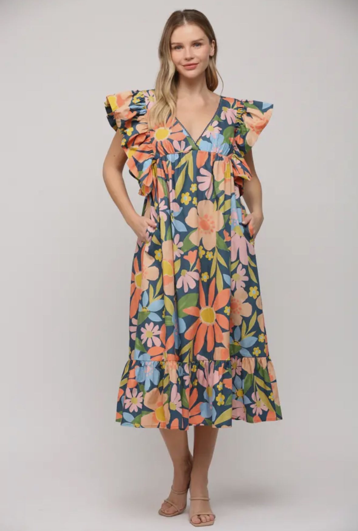 Floral Ruffle Sleeve Tie Back Dress