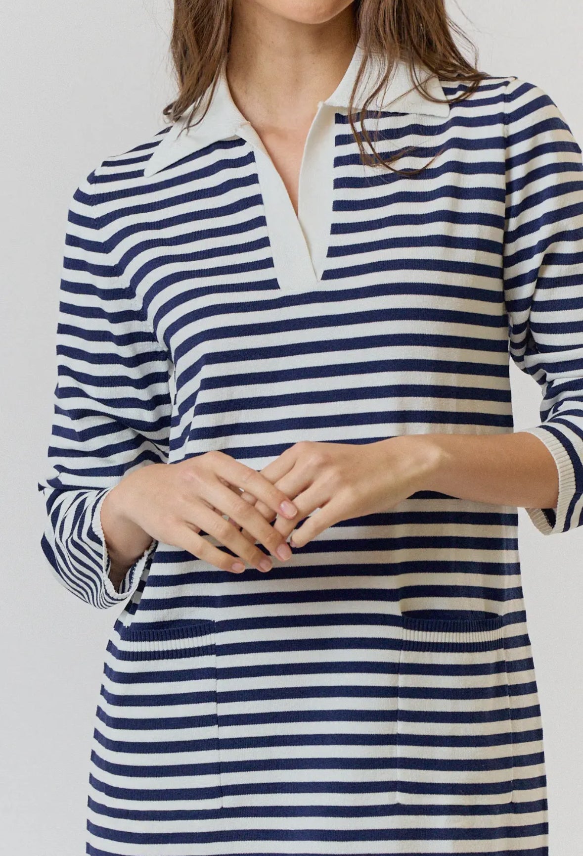 White + Navy Striped Collared Dress