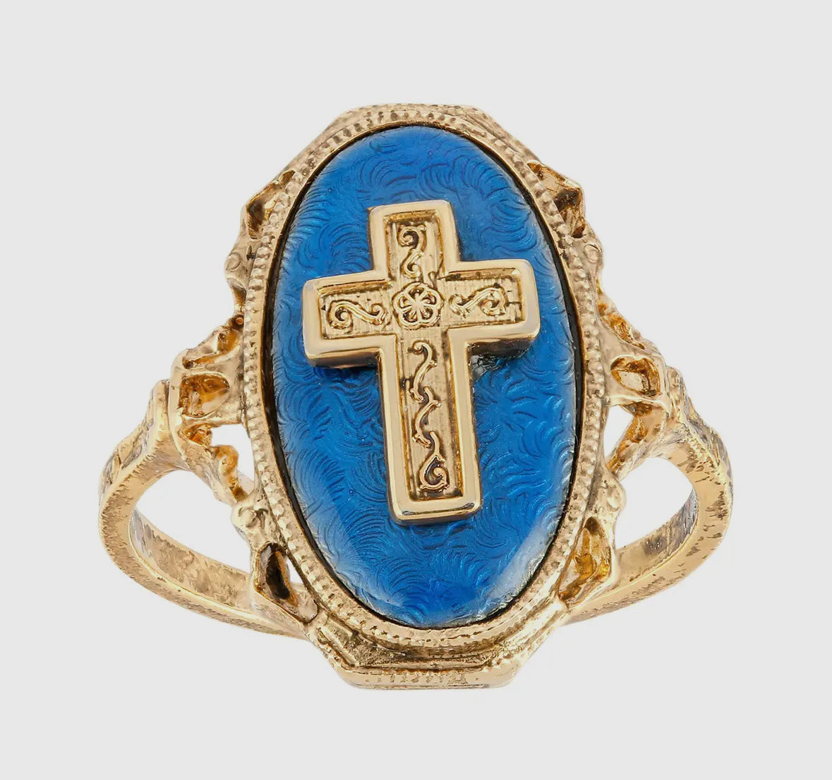 Sapphire Blue Enamel Oval Cross Ring