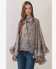 Zebra Neck Tie Ruffle Blouse