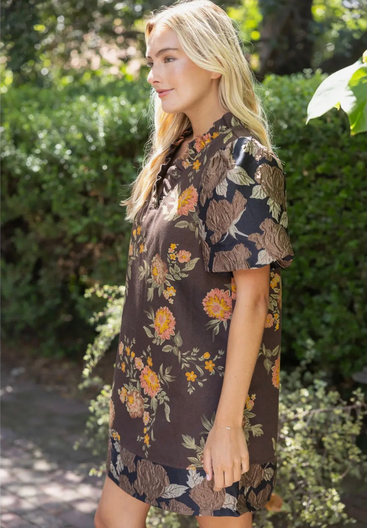 Mixed Media Brown Bubble Sleeve Dress