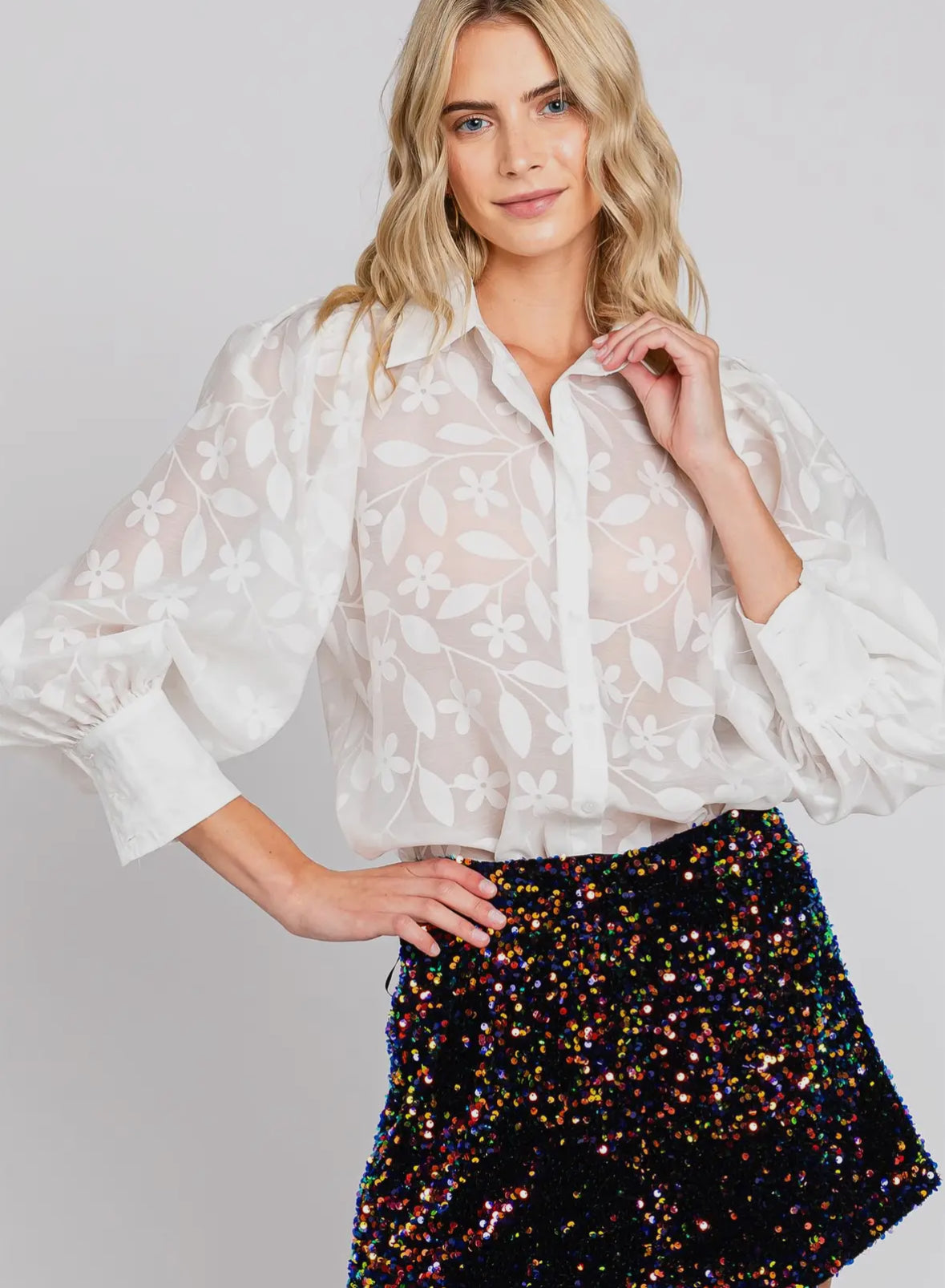 Sheer Floral Button Down Top