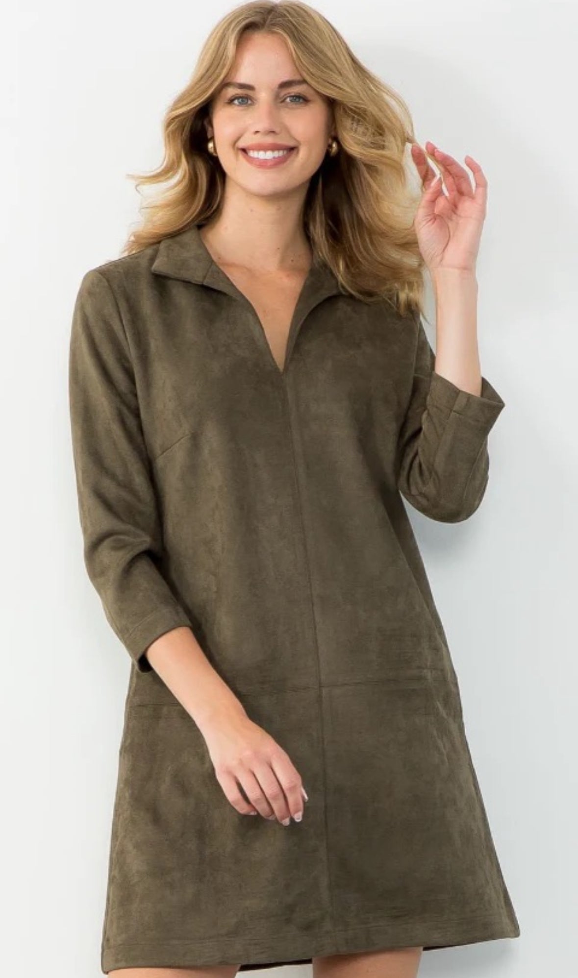 Olive Long Sleeve Suede Dress